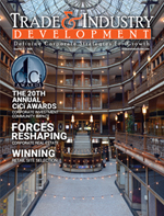 Cover of Trade & Industry Development magazine showing a historic, multi-story atrium with elegant lighting. Text highlights the 20th Annual CiCi Awards.