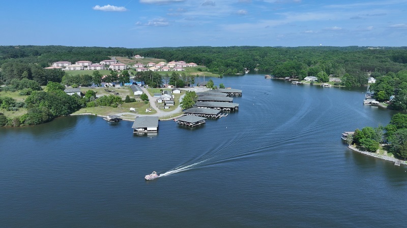 Aerial view of Smith Mountain Lake in Bedford County, Virginia, featuring marinas, waterfront homes, and recreational boating.