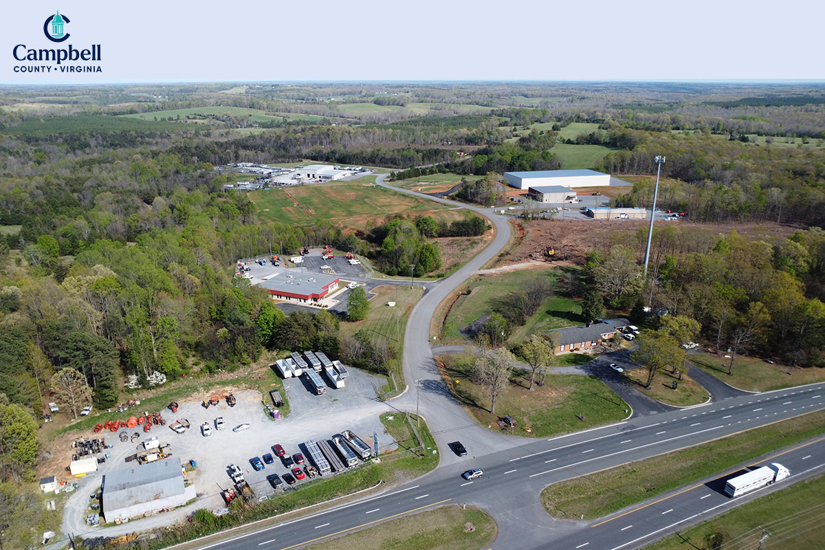 Aerial view of Seneca Commerce Park in Campbell County, Virginia, featuring shovel-ready industrial sites with direct access to U.S. Route 29.