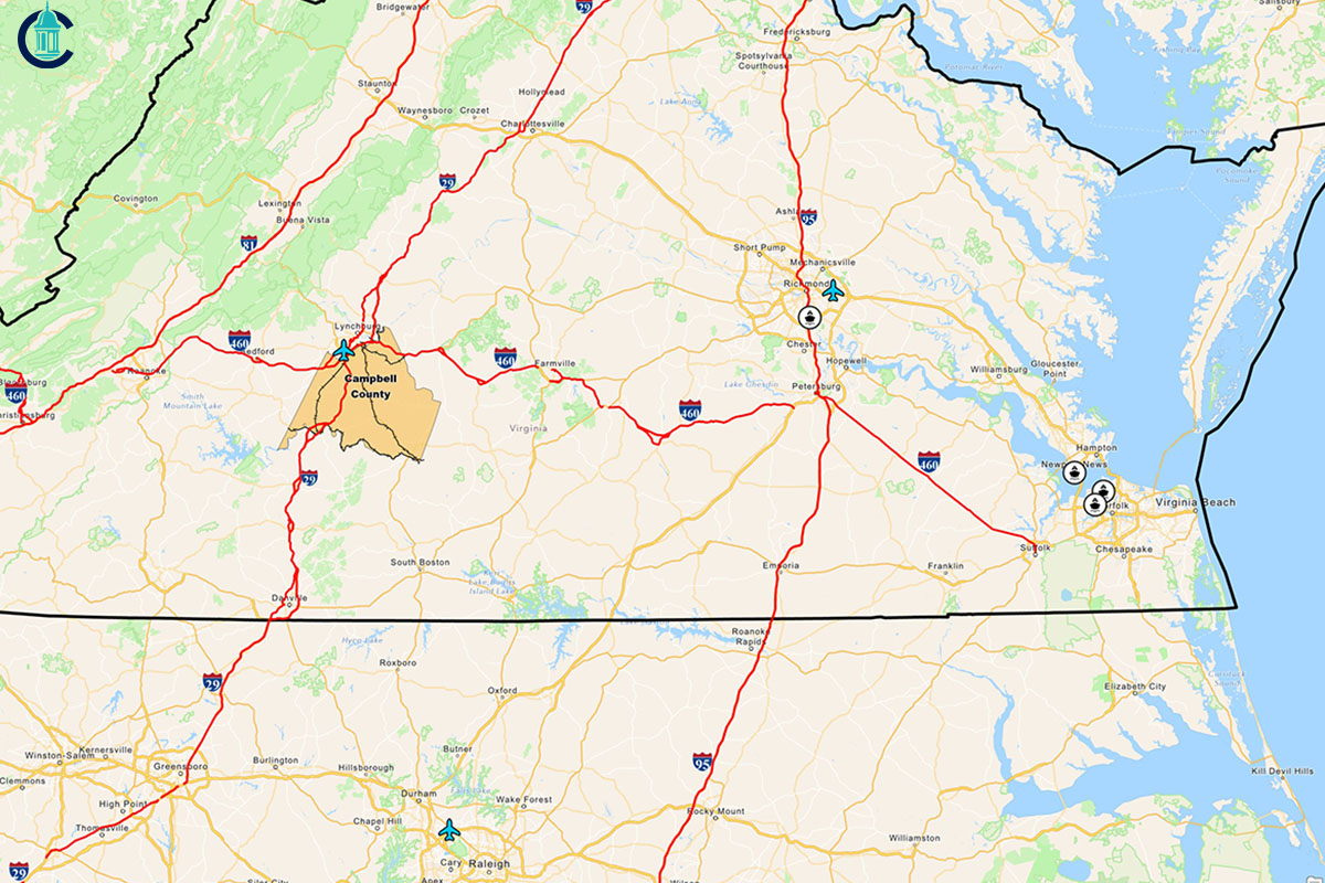 Map showing Campbell County, Virginia, with access to U.S. Route 29, Interstate highways, Lynchburg Regional Airport, and the Port of Virginia.