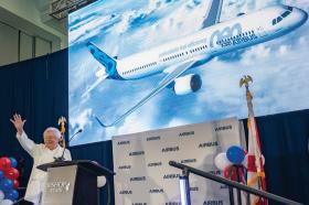 Governor Kay Ivey speaks at an event to outline Airbus’ plans to add a third final assembly line to increase production of A320 aircraft at its manufacturing center in Mobile. Photo Courtesy of Governor’s Office/Hal Yeager