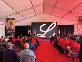 Eli Lilly and Company Chair and CEO David A. Ricks and Gov. Braun celebrate the opening of Lilly Lebanon Advanced Therapies, its first dedicated genetic medicine manufacturing facility, in Indiana. 