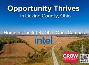 Aerial view of farmland under a bright blue sky, with text overlay indicating "Opportunity Thrives in Licking County, Ohio" and "Home of the Intel 'Ohio One' Campus".  The Intel logo is prominently displayed, with a road winding through the fields and a "GROW Licking County" logo in the bottom right corner with a QR code.
