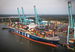 The CMA CGM Theodore Roosevelt is a 14,400+ TEU ultra large container vessel (ULCV). On August 28, 2017, the Roosevelt made The Port of Virginia its first port of call on the U.S. East Coast. CMA CGM Group’s North American headquarters are located in Norfolk, Virginia. Photo provided by Virginia Port Authority