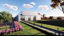 Architectural rendering of the Eli Lilly and Company pharmaceutical manufacturing facility with a modern facade, landscaping, and walkway.