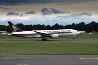 Singapore Airlines Boeing 777 taking off from Christchurch International Airport, New Zealand